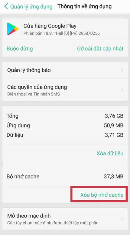 Xóa bộ nhơ cache Google Play