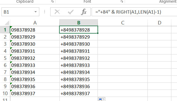 Chuyển đổi đầu số 0 thành +84 bằng Excel