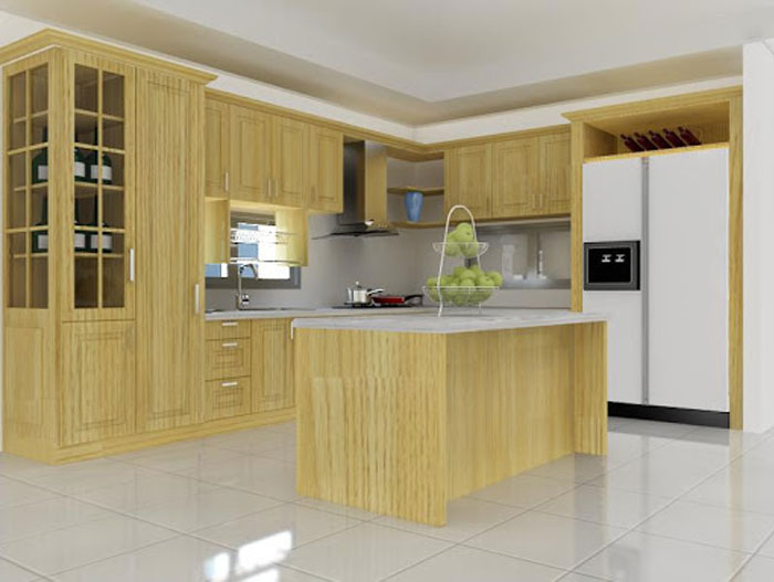 Mẫu kệ tủ bếp đẹp nhất, sang trọng nhất 2021 3 Thiết kế kệ tủ bếp hình chữ I làm từ gỗ sồi mỹ làm tạo nên không gian sang trọng