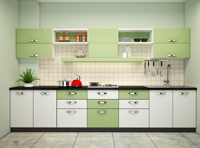 Mẫu kệ tủ bếp đẹp nhất, sang trọng nhất 2021 20 Tủ bếp chữ I màu xanh với thiết kế hiện đại, thiết bị được sắp xếp gọn gàng