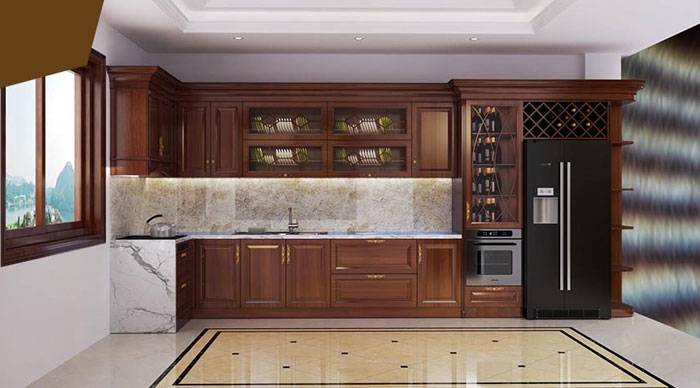 Mẫu kệ tủ bếp đẹp nhất, sang trọng nhất 2021 5 Kệ tủ bếp làm từ gỗ xoan đào tự nhiên