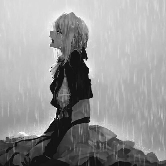 Hình nên đen trắng buồn cô gái khóc dưới mưa