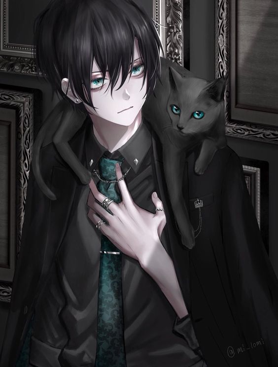 Hình ảnh anime nam buồn đi cùng với con mèo đen