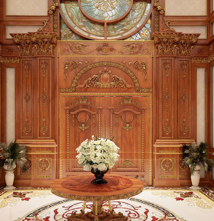 Mẫu cửa gỗ tân cổ điển 4 cánh đẹp thiết kế chạm chỗ đẹp nhiều hoa văn thể hiện phong cách sang trọng và quí phái của chủ nhân dùng chúng