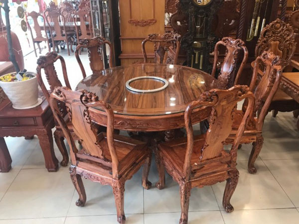 Bộ bàn ghế ăn tron bằng gỗ cẩm lai có kính