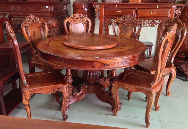 Bộ bàn ăn tròn hoa lá tây 7 món gỗ cẩm lai