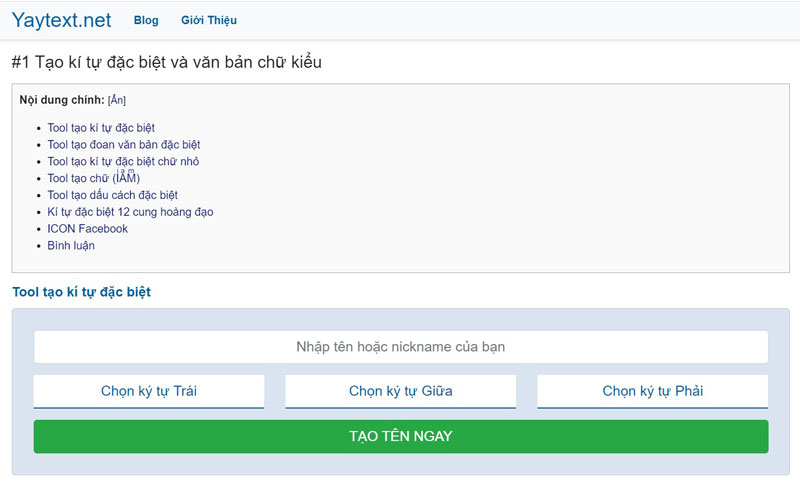 Tool tạo ký tự đặc biệt Yaytext.net