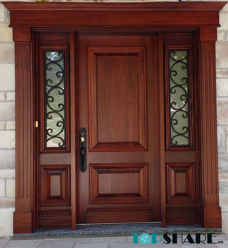 Mẫu cửa gỗ 3 cánh nâu đỏ