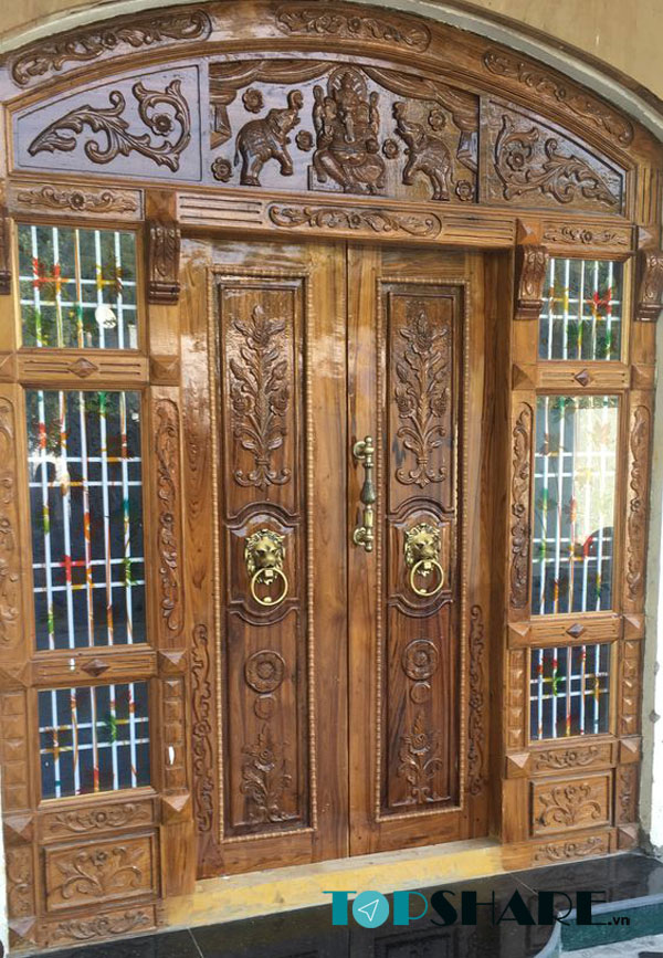 Cửa gỗ 2 cánh biệt thự chạm khắc