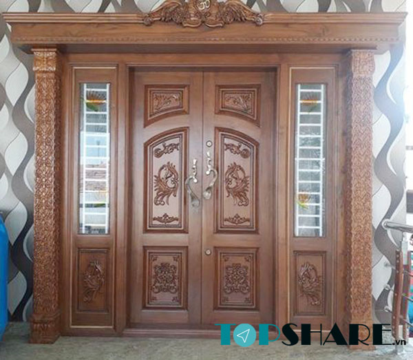 Mẫu cửa gỗ 4 cánh mặt tiền thiết kế theo phong cách cổ điển