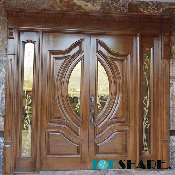 Mẫu cửa gỗ 4 cánh mặt tiền gỗ kết hợp với kính