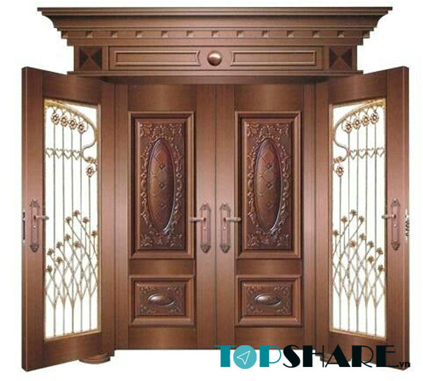 Mẫu cửa gỗ 4 cánh mặt tiền theo phong cách sang trọng