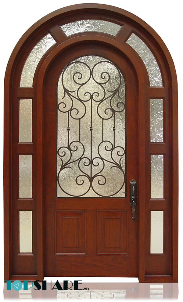 Mẫu cửa gỗ mái vòm kết hợp giữa gỗ và kính thiết kế theo phong cách hiện đại