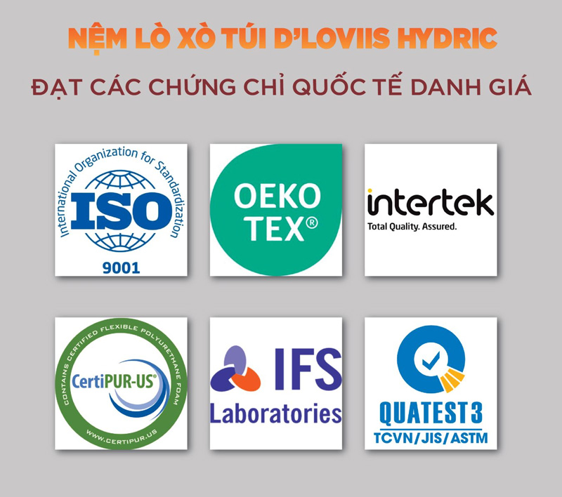 Các chứng chỉ quốc tế của nệm lò xo túi D’Loviis Hydric