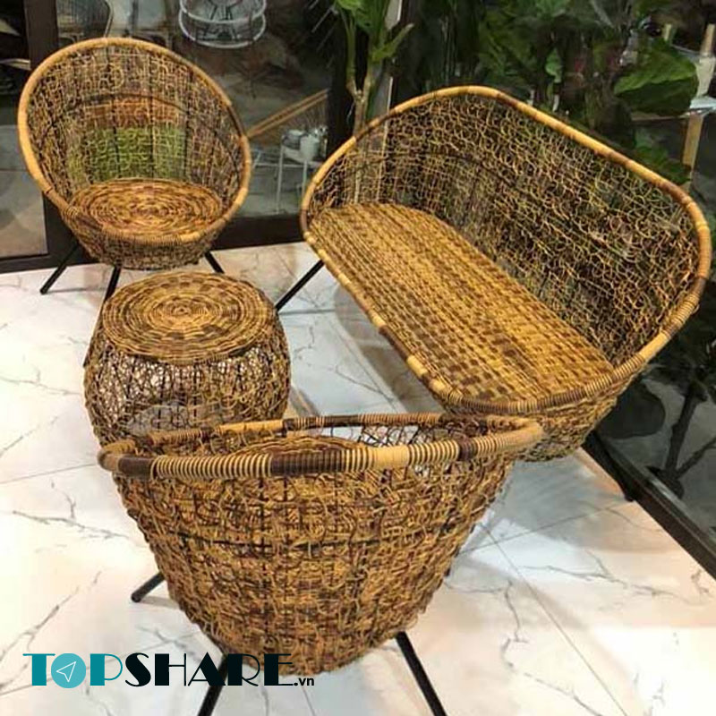 Bàn ghế cafe nhựa giả mây Vintage