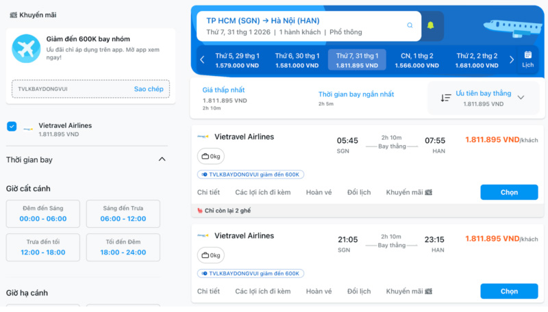 Cách check giá vé máy bay nội địa Vietravel Airlines nhanh và chính xác 5 Cách check giá vé máy bay nội địa Vietravel Airlines nhanh và chính xác 5
