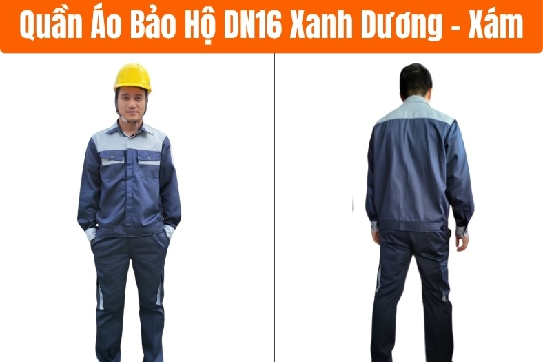Top 10 Mẫu Quần Áo Công Nhân Giá Tốt Cho Doanh Nghiệp Tại AN TOÀN VIỆT 7 Quần áo bảo hộ DN16 phối màu xanh dương – xám hiện đại, thiết kế túi hộp tiện dụng.