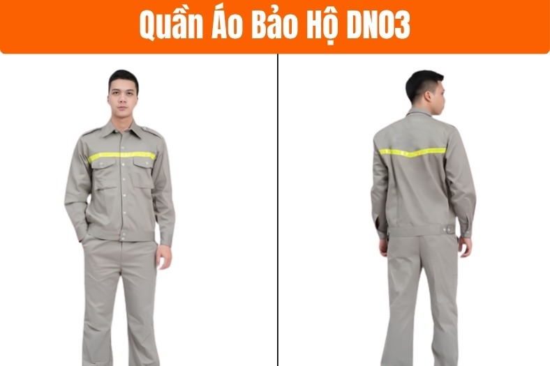 Top 10 Mẫu Quần Áo Công Nhân Giá Tốt Cho Doanh Nghiệp Tại AN TOÀN VIỆT 8 Bộ quần áo bảo hộ DN03 màu be trang nhã, tích hợp dải phản quang tăng cường an toàn.