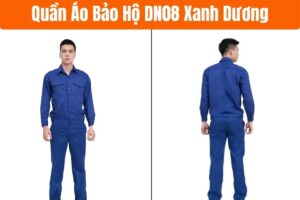 Mẫu đồng phục công nhân DN08 xanh dương đơn sắc, thiết kế cổ bẻ gọn gàng. 